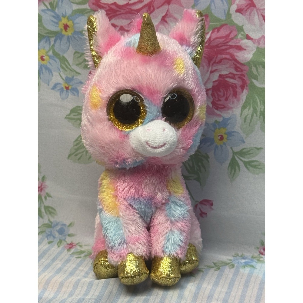 TY Beanie Boo Fantasia Unicorn Plush 6" Pink Rainbow Gold Horn Sparkle Eyes